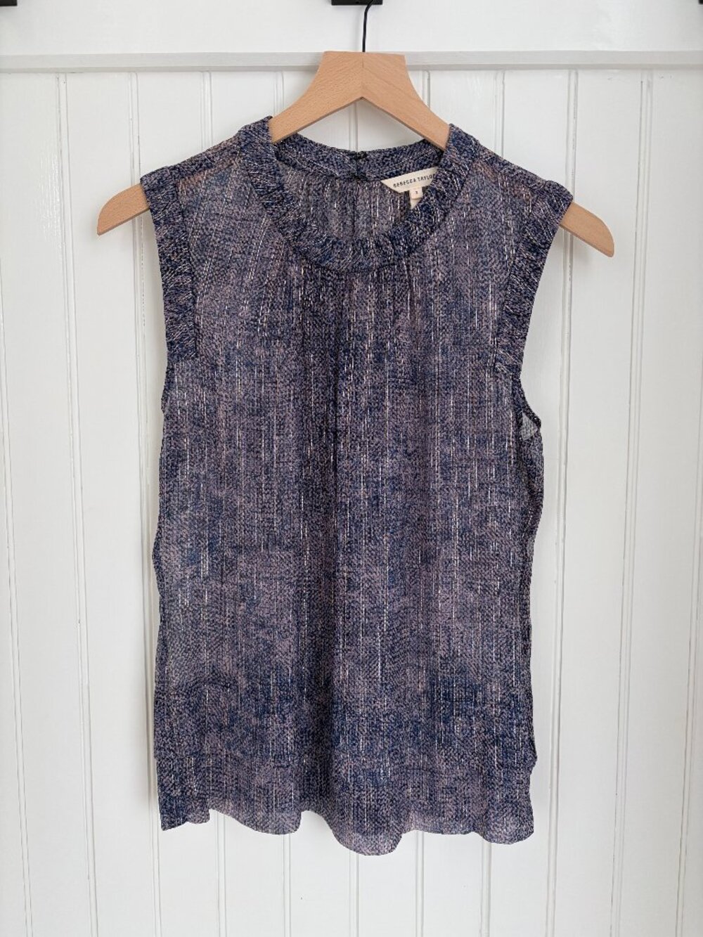 Rebecca Taylor Metallic Ruffle Neck Sleeveless Blouse Navy Rose Sheer Sz 2